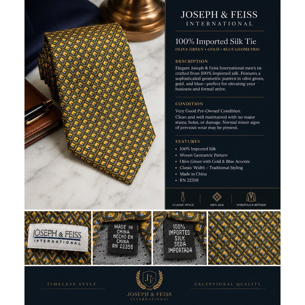 Joseph & Feiss International 100% Imported Silk Men's Tie Olive Green Geometric